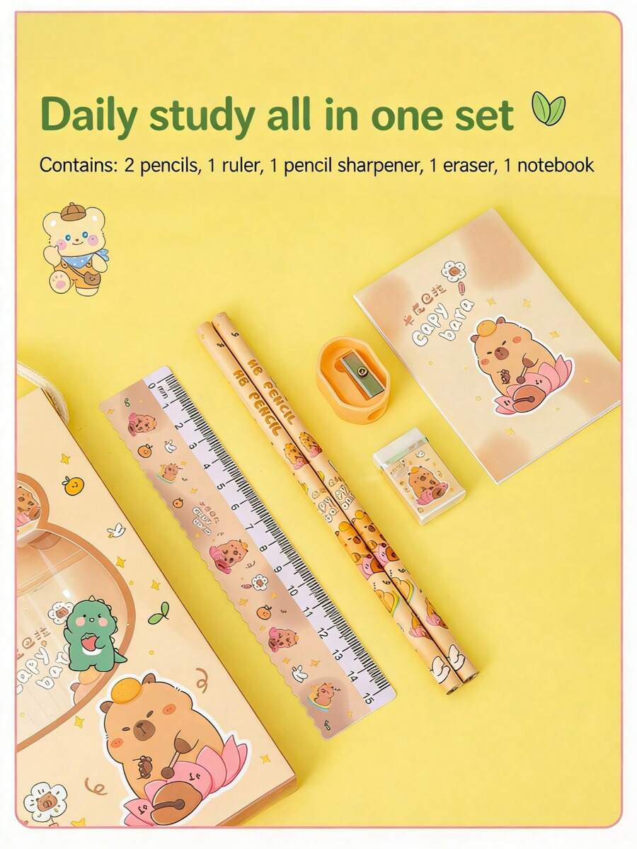 6Pcs Back To School Stationery Set Gift Box For Primary Students -Cute Capybara Kids Study Supplies (Pencils, Ruler, Eraser, Notebook, Sharpener) - Ginger - View 1