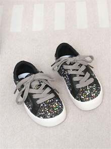 1 Pair Kids Shoes, PU Leather Upper, Shiny Sequin Star Pattern, Breathable Flat Sole, Non-Slip, Versatile Fashion Sneakers For Children, Suitable For Spring, Summer, Autumn, Winter, Casual, Outdoor, Running, School, Basketball, Party, Travel, Infant Performance - Black - View 7