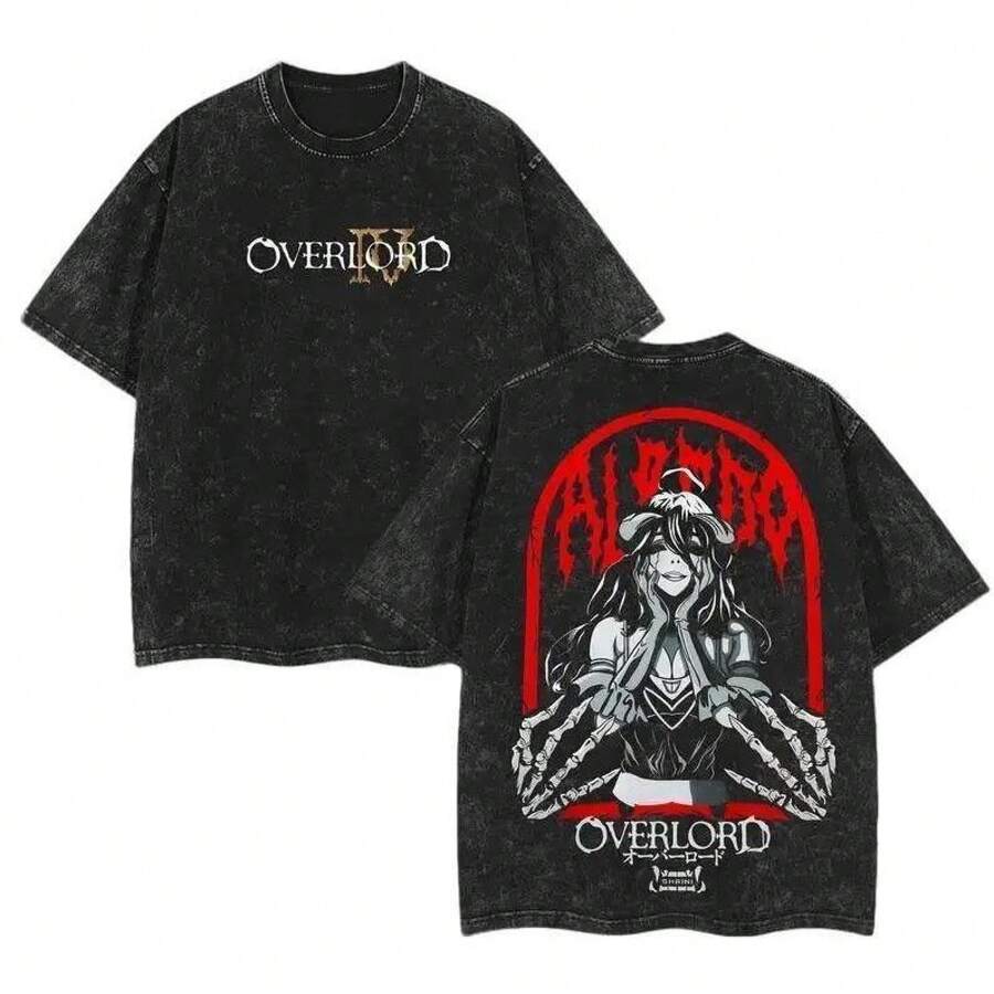 Albedo - Overlord Anime Double Printed Vintage Washed Tee Unisex Oversize Anime Manga Washed Heavyweight Cotton T-Shirt, Gift For Anime Fan, Anime Lover - màu đen - Xem 1