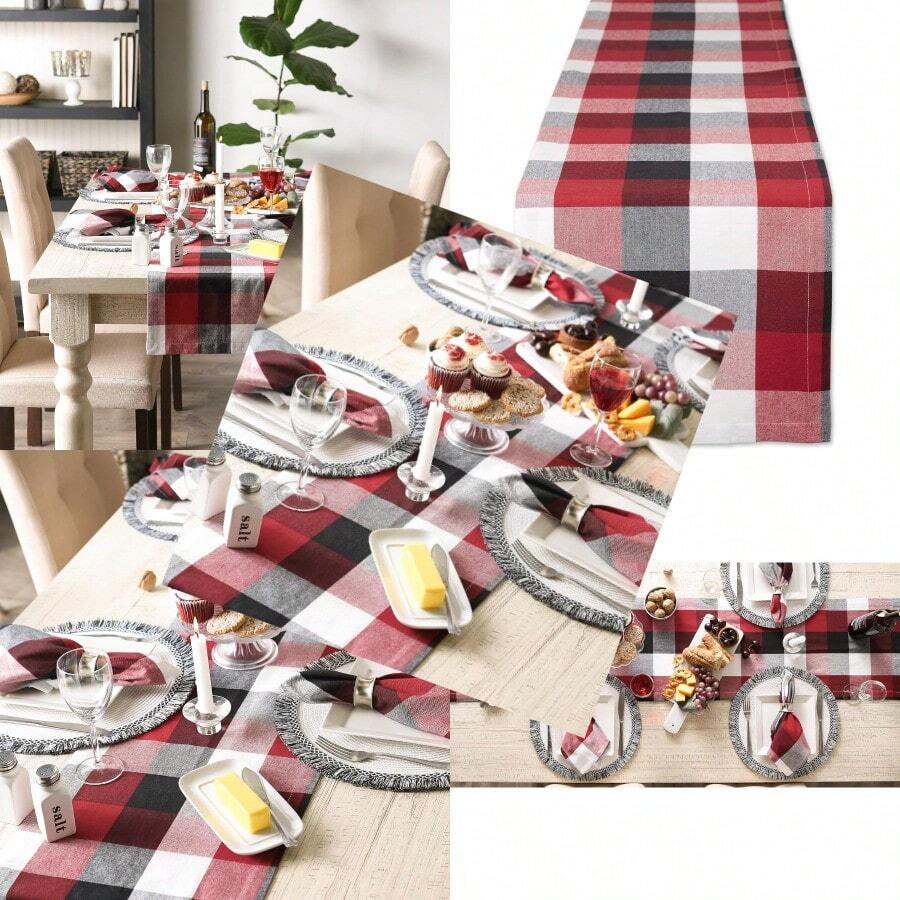 DII Tri-Color Check Collection 100% algodón Camino de Mesa 14 x 72 Pulgadas Rojo Cardenal - Multicolor - Ver 1