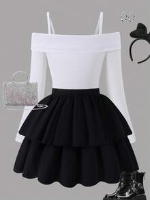 BASUSARRI Young Girl's Sleeveless Off Shoulder Long Sleeve Bow Tie Straight Top & Beaded Straight Skirt Suit, Elegant Lady Fashion Versatile Outfit - White - View 2