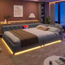 (=WX001034AAE)Schlafsofa, Daybett, Tagesbett, 140x200cm, Schlafsofa Mit Lattenrost (Ohne Matratze), Ambientebeleuchtung Mit Fernbedienung, Kopfteil Mit Knopftuft, Usb+Typ-C, Leinen, Grau - 灰色 - 查看 5