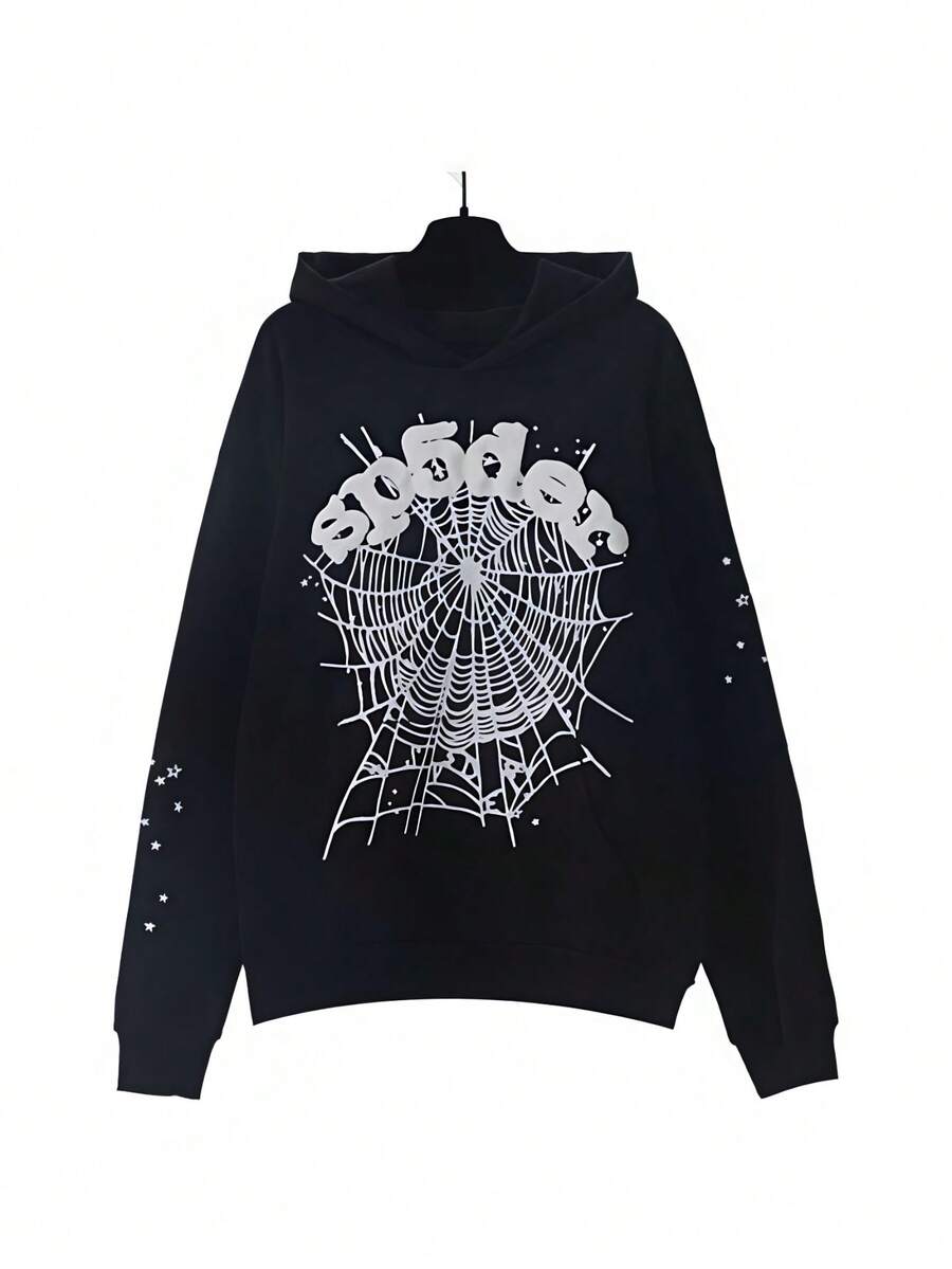 Autumn/Winter Clothing: Street-Style Hip-Hop Style Foam Spider Web Hooded Sweatshirt, Fashionable Sporty Hoodie. - màu đen - Xem 1