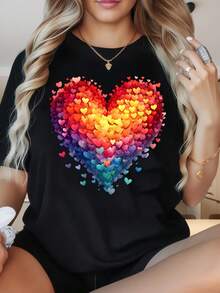 Rainbow Heart Pattern Black T Shirt Women Casual Short Sleeve Top Fashion Graphic Tee For Everyday WearWomen's T-Shirt With Round Neck And Short Sleeves, With Fun Printing On Valentine's Day, Is Suitable For Christmas Partiessports Activitiesholiday Partiesoutingsdatessports, Daily Leisureholiday Gifts (220g). - White - View 1