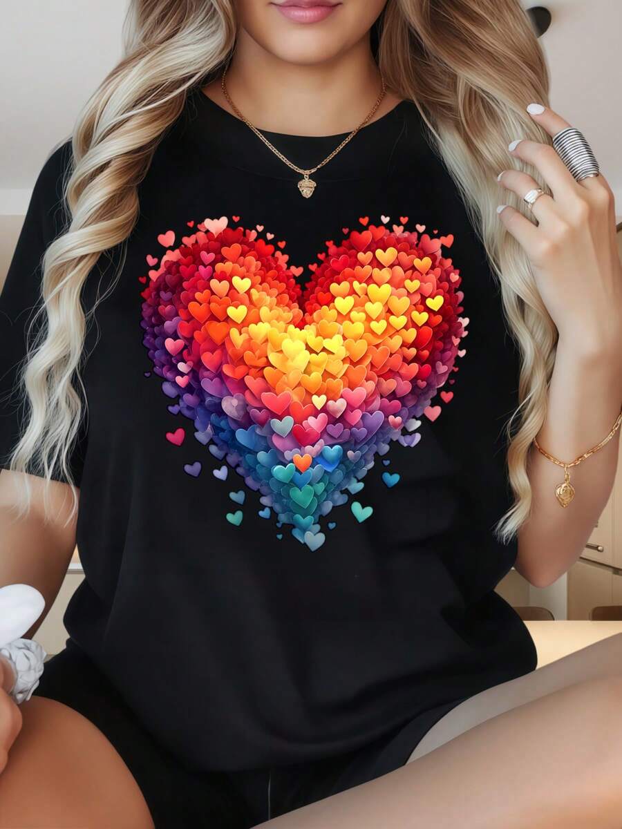 Rainbow Heart Pattern Black T Shirt Women Casual Short Sleeve Top Fashion Graphic Tee For Everyday WearWomen's T-Shirt With Round Neck And Short Sleeves, With Fun Printing On Valentine's Day, Is Suitable For Christmas Partiessports Activitiesholiday Partiesoutingsdatessports, Daily Leisureholiday Gifts (220g). - White - View 1
