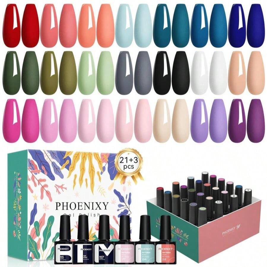 PHOENIXY 24 PCS Gel Nail Polish Set, 21 Colors Gel Nail Polish Kit With Base Glossy Matte Top Coat Black Gray Red Nail Kit Christmas Gifts For Women - xanh quân đội - Xem 1