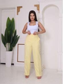 Women's Tailored Wide Leg Straight Leg Trousers With High Waist, Elastic Back, Side Pocket, Elegant And Comfortable, Loose Fit And Perfect Drape For The Office. - 黃色 - 查看 3