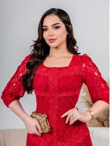 Women's Midi Dress With Lace, 3/4 Sleeves, And A Flared Skirt, Elegant For Parties And Weddings. - 紅色 - 查看 3