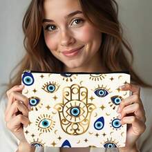 1pc Devil's Eye Print Canvas Makeup Bag, Toiletry Wash Organizer Pouch & Gift Bag, Travel Storage Bag & Coin Purse, Lightweight, Foldable, Zippered, Machine Washable For Travel, Gym, Camping, Business Or Home Use, Chic Accessory, Perfect Gift For Women, Teachers, And Friends - Multicolor - View 5