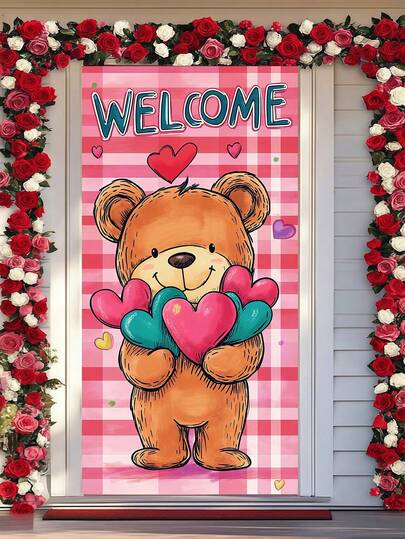 1 pieza Cartel de bienvenida para el Día de San Valentín - Decoración con oso lindo y corazón, fondo a cuadros rosas "Bienvenido" para colgar en la puerta, decoración romántica de entrada del hogar para el Día de San Valentín y recepción de invitados diaria