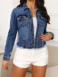 Women's Classic Washed Distressed Denim Jacket, Single-Button Frayed Hem Casual Coat - Medium Wash - View 5