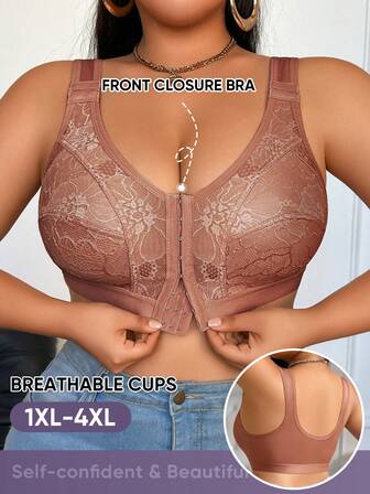 MEIYATING Plus Size Dam Framknäppning Blommig Spets Justerbar Band Minimizer Bärbar Bh