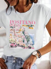 Una Camiseta Cómoda de Manga Corta y Cuello Redondo con un Estampado de la Italiana, Hecha de Tela Suave, Perfecta para el Uso Diario - Blanco - Ver 3