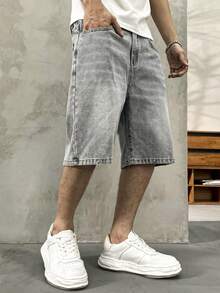 Quần short denim nam HEHCN có túi trước, kiểu dáng vintage màu xanh lam bạc màu, phong cách thời trang đường phố Mỹ, quần short Bermuda, món quà thích hợp cho bạn trai, chồng. - Xám - Xem 3