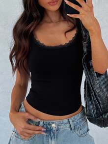 1pc Sexy Lace Trim Camisole Top For Women, Slim Fit With Padded Bust, Layering Undershirt - Black - View 3