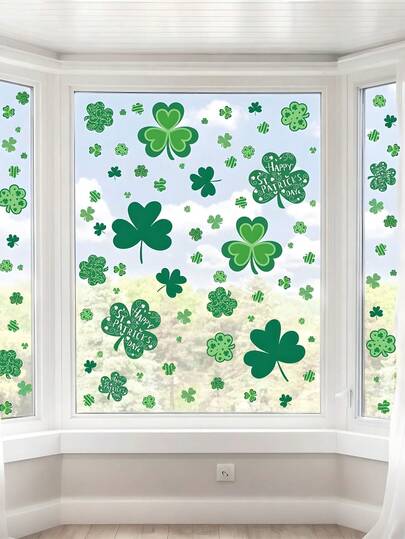 106pcs/8sheets St. Patrick's Day Window Clings, Shamrock Window Clings, Green Static Cling Window Decals, Suitable For Glass Window Decoration, St. Patrick's Day Decor, St. Patrick's Day Party