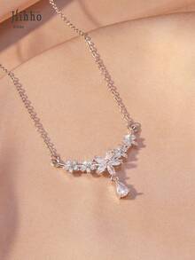 Hihho 1pc Floral Zirconia Inlaid 5-Flower Minimalist Design Delicate Women Necklace, Gift For Date - Gold - View 8