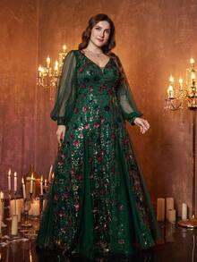 [Mẫu in ngẫu nhiên] UNITHORSE Đầm dạ hội maxi ôm sát, cổ chữ V, tay phồng, đính sequin và lưới tương phản, dành cho nữ cỡ lớn. - Màu xanh lá cây đậm - Xem 2