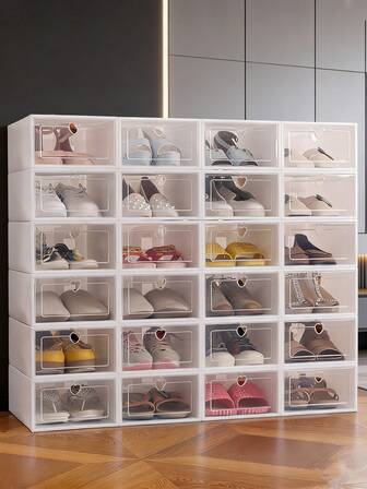 12个透明可堆叠鞋盒，可折叠塑料鞋盒，带心形提手，适用于高跟鞋/各种鞋型，节省空间，适用于玄关/卧室/宿舍/办公室鞋架套装