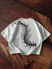 1件男士深色蜈蚣脊椎印花图案T恤，复古宽松街头亚文化上衣，男女通用 - 白色 - 查看 2