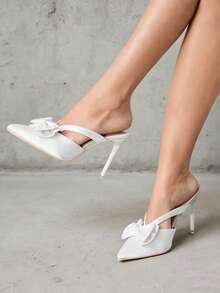 Women's French Style White Versatile Pointed Toe Bowknot High Heel Shoes, Delicate Thin Heel Slip-On Unique Design Elegant For Party And Banquet, Summer New Arrivals - White - View 5