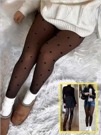 1 pieza Medias transparentes con estampado sexy y forro polar de 80g/200g para mujer, leggings elásticos de punto para uso casual diario