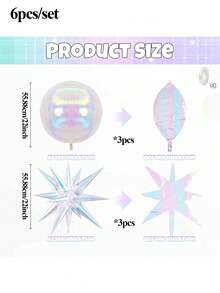 6个彩虹铝箔气球，22英寸透明4D圆形全息气球和爆炸星气球，适合生日、婚礼、婴儿派对、舞会、周年纪念装饰 - 彩色 - 查看 2