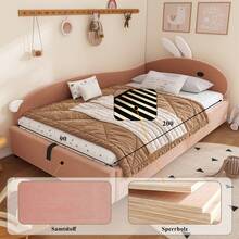 Upholstered Bed, Single Bed, Children's Bed, Cute Rabbit Pattern Headboard, Hydraulic Bed With Storage Space, Raised Soft Rail, Left Side Panel, Velvet, Pink And White, 90 X 200 Cm - Red Bean Paste + Velvet - View 10