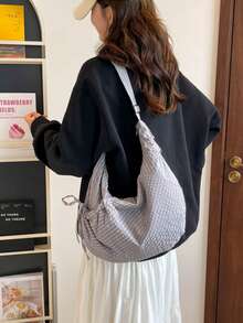 Japanischer Stil karierte Umhängetasche, modische plissierte Damen-Handtasche mit Schleife und Reißverschluss-Dekor, Umhänge-Aktentasche geeignet für Mittel-/Oberschüler und Studenten, leicht faltbare Stofftasche, ideal für Einkaufen und Pendeln, halbmondförmig - Verschiedenfarbig - Übersicht 6