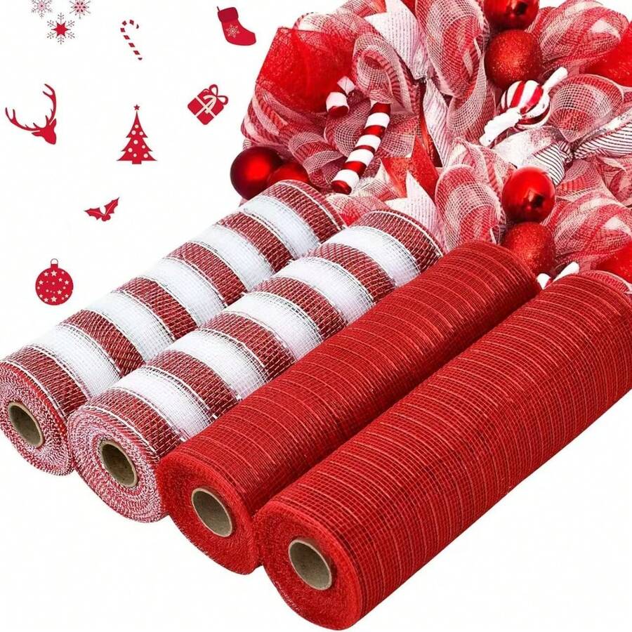 2 Rolls Red & White Decorative Mesh Ribbon, Christmas Tree Metal Mesh Ribbon, Metallic Foil Polyester Mesh Ribbon, Suitable For Wreaths, Christmas Tree Ribbons, Door Decor DIY Crafts, Halloween Decorations, Wedding Party Supplies, Wreath Supplies, Front Door Crafts, Tree Decor, Christmas, New Year, Halloween Decorations - Multicolor - View 1