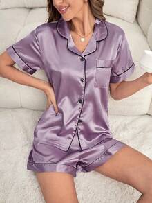 Contrast Piping Satin PJ Set / Pajama Set - Màu tím - Xem 12