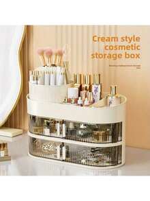 Rotating Makeup Organizer: Spacious Multi-Layer Desktop Case For Cosmetics, Lipstick & Eyeshadow – Premium Dust-Proof Design - 三層收納盒+筆筒[奶白] - 查看 5