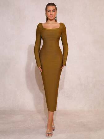 Modphy Rochie de seară elegantă pentru femei, verde închis, sexy, cu guler pătrat, mâneci lungi, fără spate, Slim Fit, tip bandaj, MIDI, la modă, pentru domnișoare de onoare, rochie de festival, petrecere, banchet