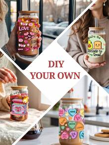 4 片装情人节 UV DTF 杯贴，适用于 16 盎司玻璃杯，红色爱心图案，防水自粘 DIY 马克杯贴纸，无需加热（9.4x4.3 英寸） - Valentine01 - 查看 7