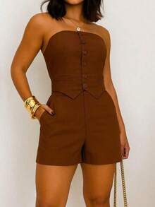 Women's Strapless Dress Set With Tailored Shorts - Óxido marrón - Ver 3