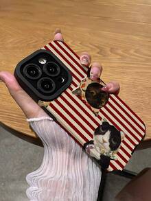 1pc Fashionable 2-Cat Red Striped Vertical Faux Leather Texture Shockproof High-Quality Soft Phone Case, Suitable As Birthday, Holiday Gift For Friends, Family, Couples, Fits Compatible With Apple And Phones 17/16PLUS/16PRO/16PROMAX - Multicolor - View 5