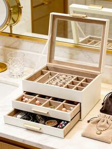 Jewelry Box With Glass Lid, 3-Layer Jewelry Organizer, 2 Drawers, For Big And Small Jewelry, Jewelry Storage