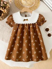 Vestido de verano de longitud hasta la rodilla con mangas de princesa y decoración con estampado de mariposas, informal para niñas - Marrón - Ver 1
