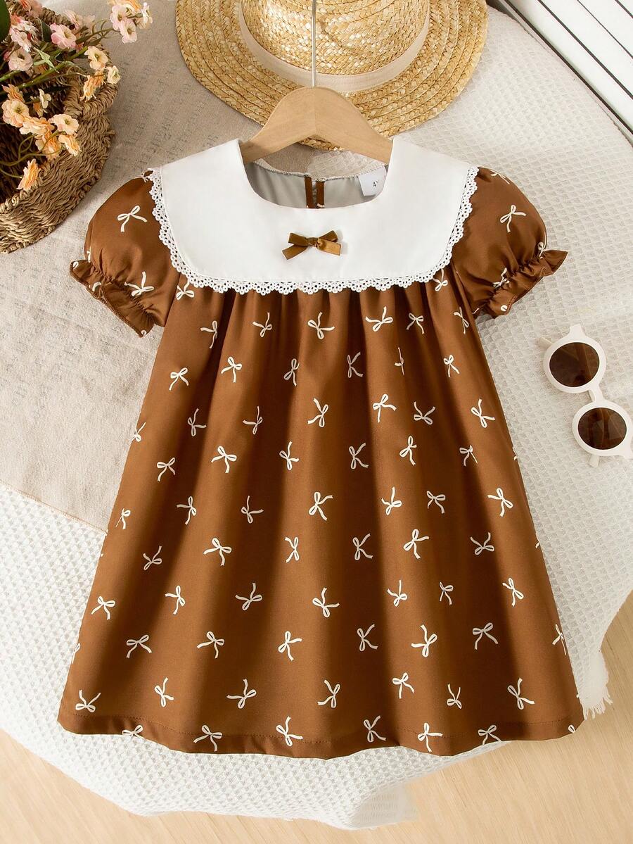Vestido de verano de longitud hasta la rodilla con mangas de princesa y decoración con estampado de mariposas, informal para niñas - Marrón - Ver 1