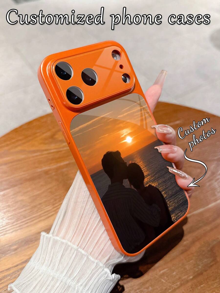 1pc Customized Couple Atmosphere Photo Orange Luxury Fashion Large Window Tempered Glass With Lens Protection Matte Anti-Drop Phone Case Compatible With IPhone 17/17Pro/17ProMax/17Air/16/16Pro/16ProMax/16Plus/15/15Plus/15Pro/15ProMax/14/14Plus/14Pro/14ProMax/13/13Pro/13ProMax/12/11 Phone Accessories Full Coverage High-End Protective Cover - Orange - View 1