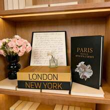 3er Set Deko-Bücher aus Kunstleder, Goldfolien-Textur - Luxus-Papier-Imitat-Bücher mit Goldfolien-Design, Wohnzimmer- und Arbeitszimmer-Atmosphären-Dekoration, stapelbare Kunst-Bücher, Feiertags-Dekoration und Ornamente - Gold - Übersicht 2