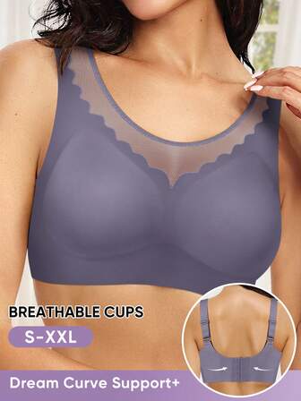 MEIYATING Sujetador inalámbrico de encaje y malla para mujer, camiseta sujetador acolchada cómoda y transpirable