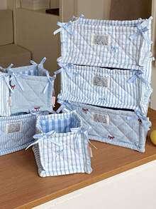 Keranjang Penyimpanan Lipat Bergaris Berlapis, Kotak Penyimpanan Meja Lipat, Tas Kosmetik Ember Pita Kapasitas Besar untuk Rumah, Dekorasi Ruangan - Baby Blue - View 3