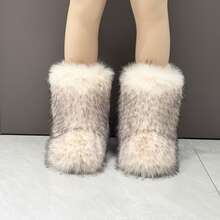 Botas de mujer de piel sintética efecto degradado Y2K, botas de exterior esponjosas y peludas, botas de nieve de moda de media pantorrilla - Beis - Ver 3