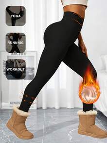 1pc Women's Thermal Leggings, Crossover Waistline Design, Super Soft Thermal Lined, High Waist Skinny Pants, Warm Winter Outer Wear Tights, Elastic Waistband For Abdomen Control And Lifting, Suitable For Workout, Yoga, Running - Black - View 6