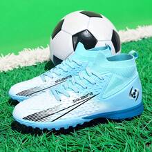 1 Par de Chuteiras de Futebol Unissex, Adequadas para Grama Sintética Externa, Campos de Treinamento Indoor, Esportes Coletivos Profissionais, Com Cadarço, Sola de Borracha Antiderrapante, Design Leve e de Alto Desempenho, Chuteiras de Futebol Populares Direto da Fábrica - Azul claro branco - Ver 6