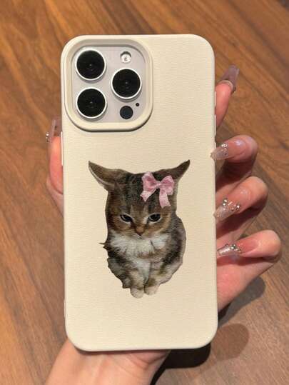 1个白色哑光质感可爱猫咪粉色蝴蝶结手机壳，兼容 XR、11、12、13、14、15 Plus、16、Pro Max、17、Air系列