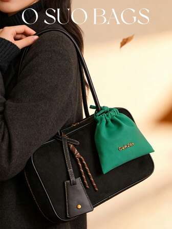 2pcs Solid Color Autumn/Winter New Suede Tote Bag, Versatile Commuter Boston Handbag With Large Capacity, Shoulder & Top Handle, With Accessory Charm