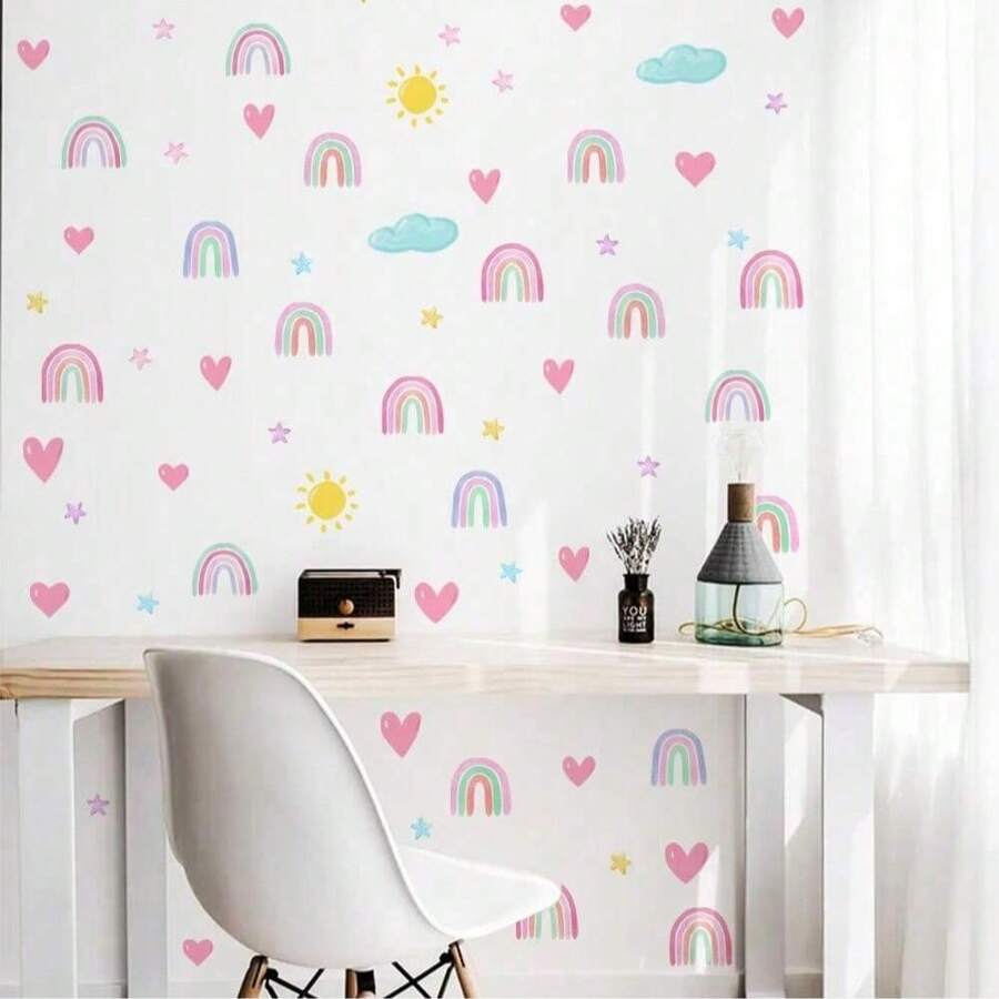 4pcs/Set Colorful Rainbow Star Heart Wall Stickers, Cute Children's Room Decor, Removable Self-Adhesive Wall Decals For Bedroom, Living Room, Nursery
