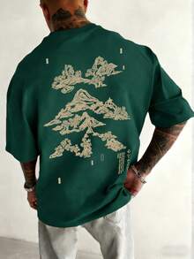 K-GLORY Men's Casual Versatile Simple Mountain & Nature Landscape Print Short Sleeve T-Shirt - Dark Green - View 2